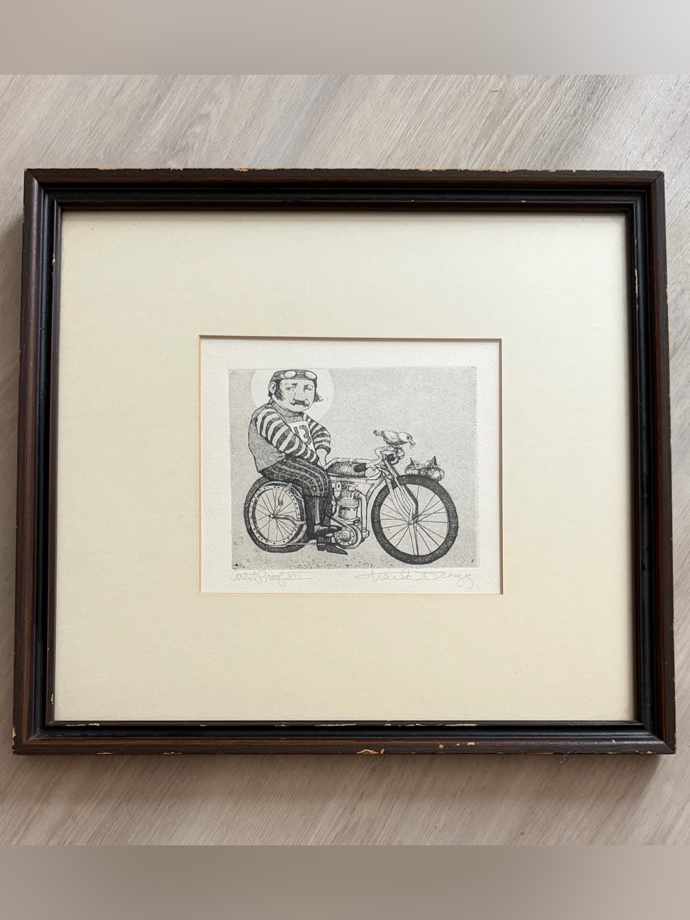Vintage Art print Charles Bragg Lithograph "The cyclist" Signed By Artist